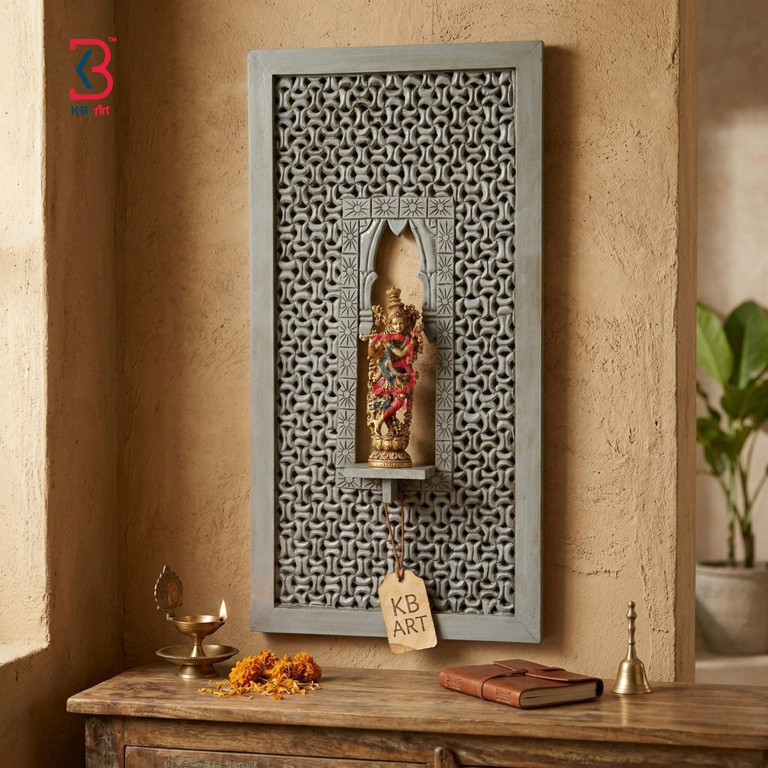KB ART Wooden Carved Jalli Panel Krishna Stand - Front View of Handcrafted Detailing - Handcrafted Wooden Decor Jodhpur