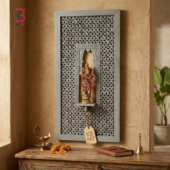 KB ART Wooden Carved Jalli Panel Krishna Stand - Front View of Handcrafted Detailing - Handcrafted Wooden Decor Jodhpur
