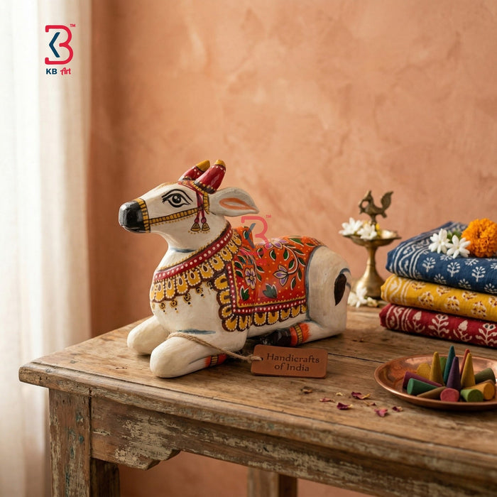KB ART Hand Painted Wooden Nandi Statue Sacred Bull - Close-Up of Hand-Carved Artisan Texture - Handcrafted Wooden Decor Jodhpur