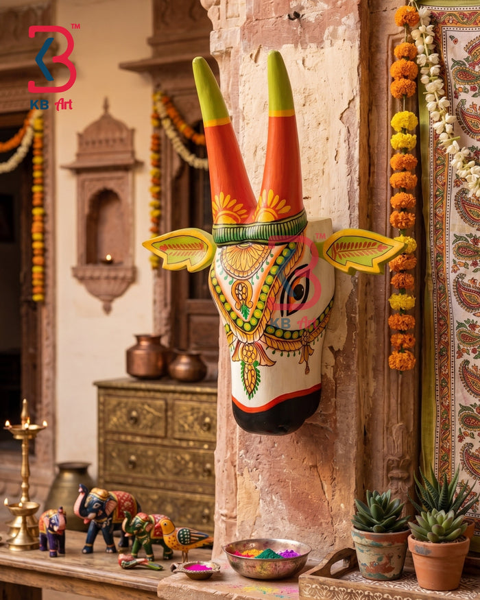 A hand-painted traditional Indian Golu wall hanging depicting a stylized bull head with long orange and green horns, mounted on a rustic stone pillar in a decorated home interior.