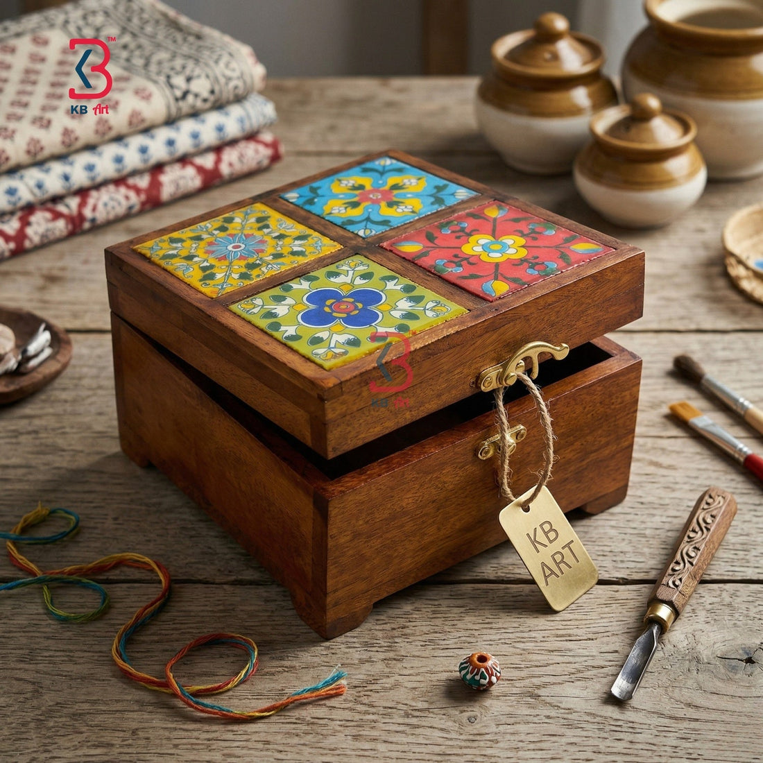 A wooden keepsake box with a hinged lid, decorated with four colorful floral tile patterns on the top. The box has a brass latch and a hanging tag that reads 'KB ART'.