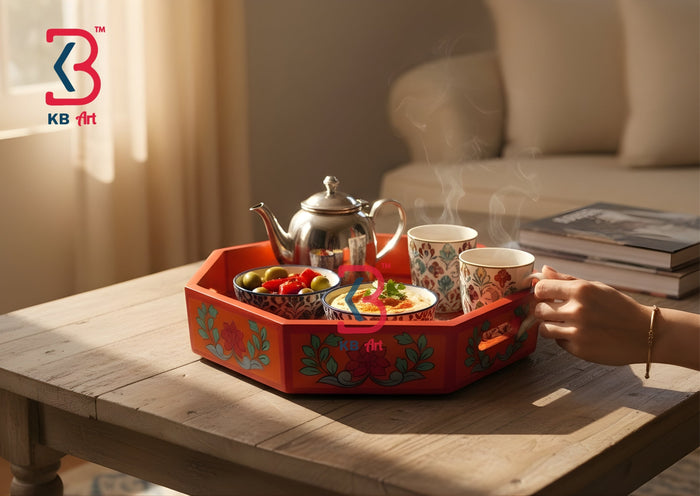KB ART Orange Floral Octagonal Wooden Serving Tray - Styled Display in Home Interior Setting - Handcrafted Wooden Decor Jodhpur