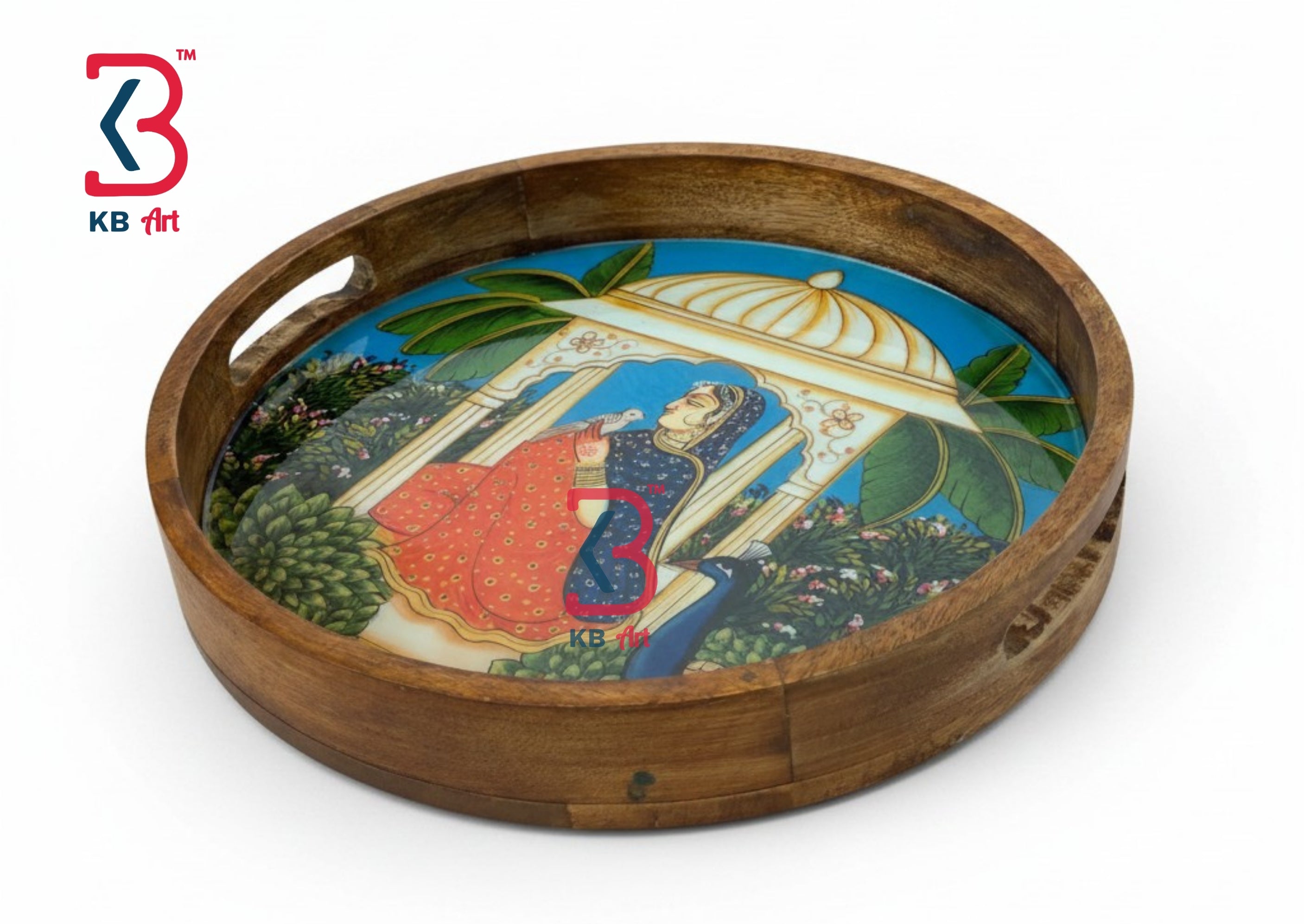 KB ART Wooden Pichwai Round Resin Tray - Front View of Handcrafted Detailing - Handcrafted Wooden Decor Jodhpur