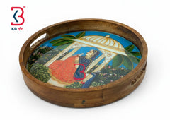 KB ART Wooden Pichwai Round Resin Tray - Front View of Handcrafted Detailing - Handcrafted Wooden Decor Jodhpur