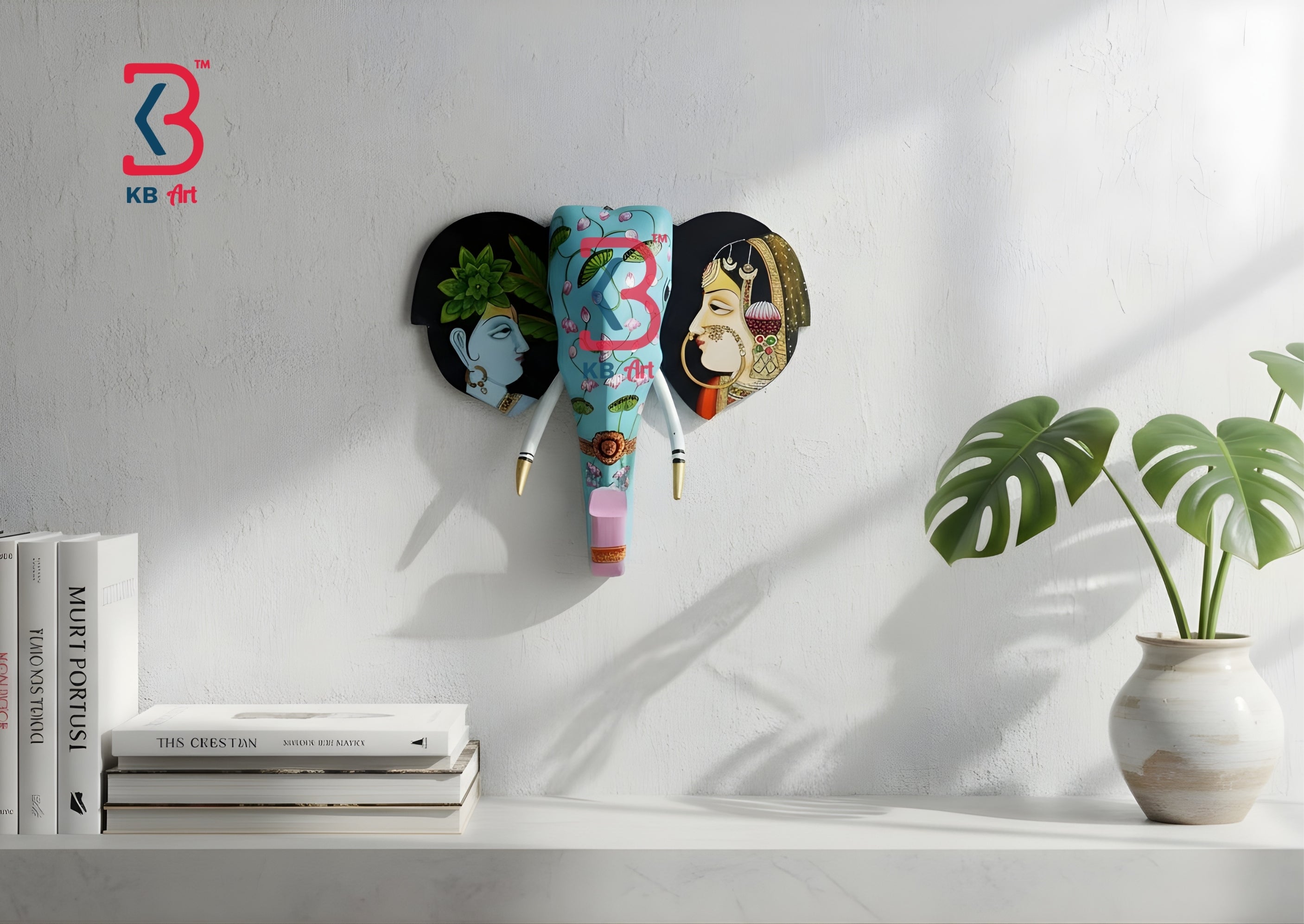 KB ART Wooden Elephant Head 15inches Pichwai - Styled Display in Home Interior Setting - Handcrafted Wooden Decor Jodhpur