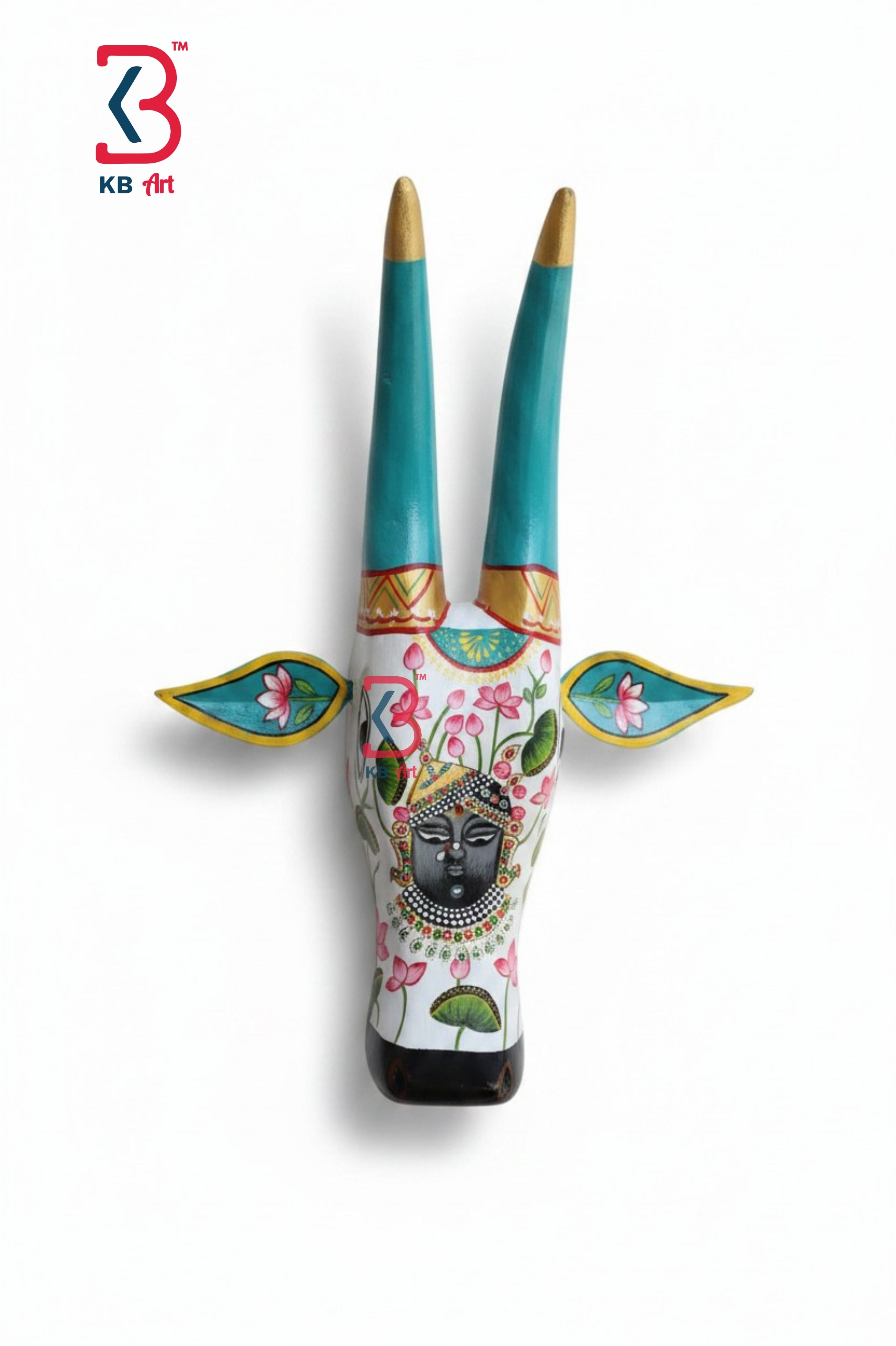 KB ART Shrinathji Pichwai Hand Painted Wooden Cow - Front View of Handcrafted Detailing - Handcrafted Wooden Decor Jodhpur