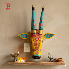 KB ART Wooden Carved Cow Mask Big 16 Inches - Front View of Handcrafted Detailing - Handcrafted Wooden Decor Jodhpur