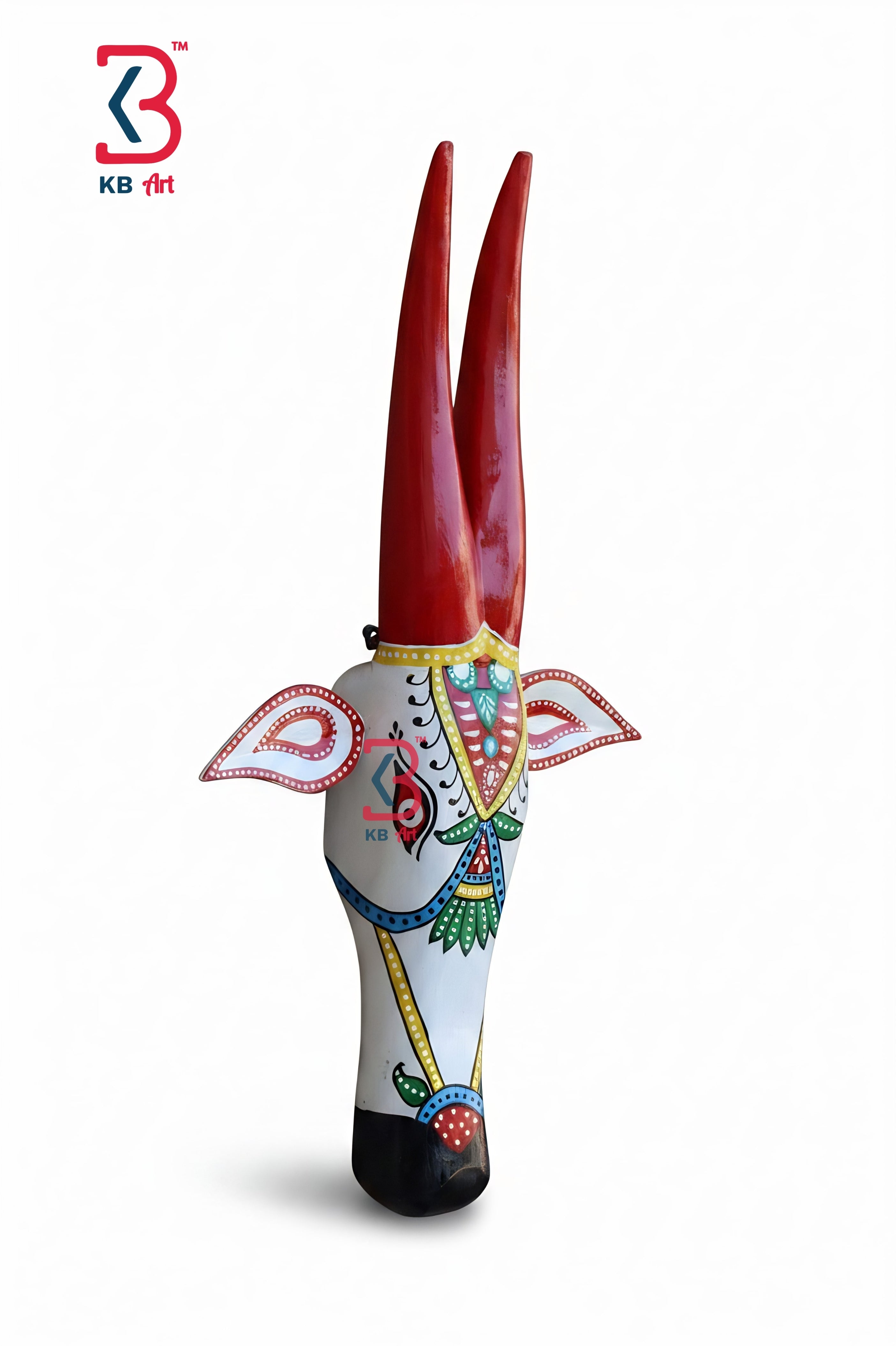 KB ART 18 Inch Traditional Hand Painted Wooden Cow - Front View of Handcrafted Detailing - Handcrafted Wooden Decor Jodhpur