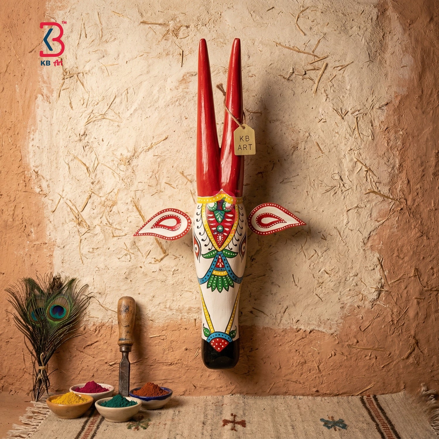KB ART 18 Inch Traditional Hand Painted Wooden Cow - Back View Highlighting Build Quality - Handcrafted Wooden Decor Jodhpur