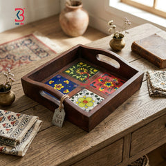 KB ART Handcrafted Wooden Square Serving Tray with Ceramic Tile Inlay – Jodhpur Artisan Kitchen and Dining Decor