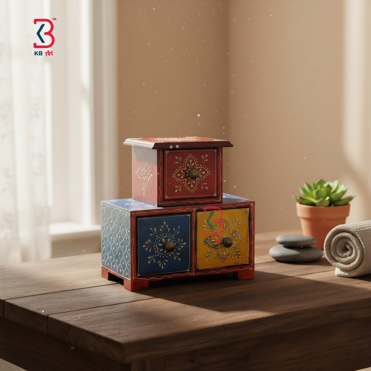 KB ART Wooden 2 Drawer Triangle Mdf Box - Front View of Handcrafted Detailing - Handcrafted Wooden Decor Jodhpur