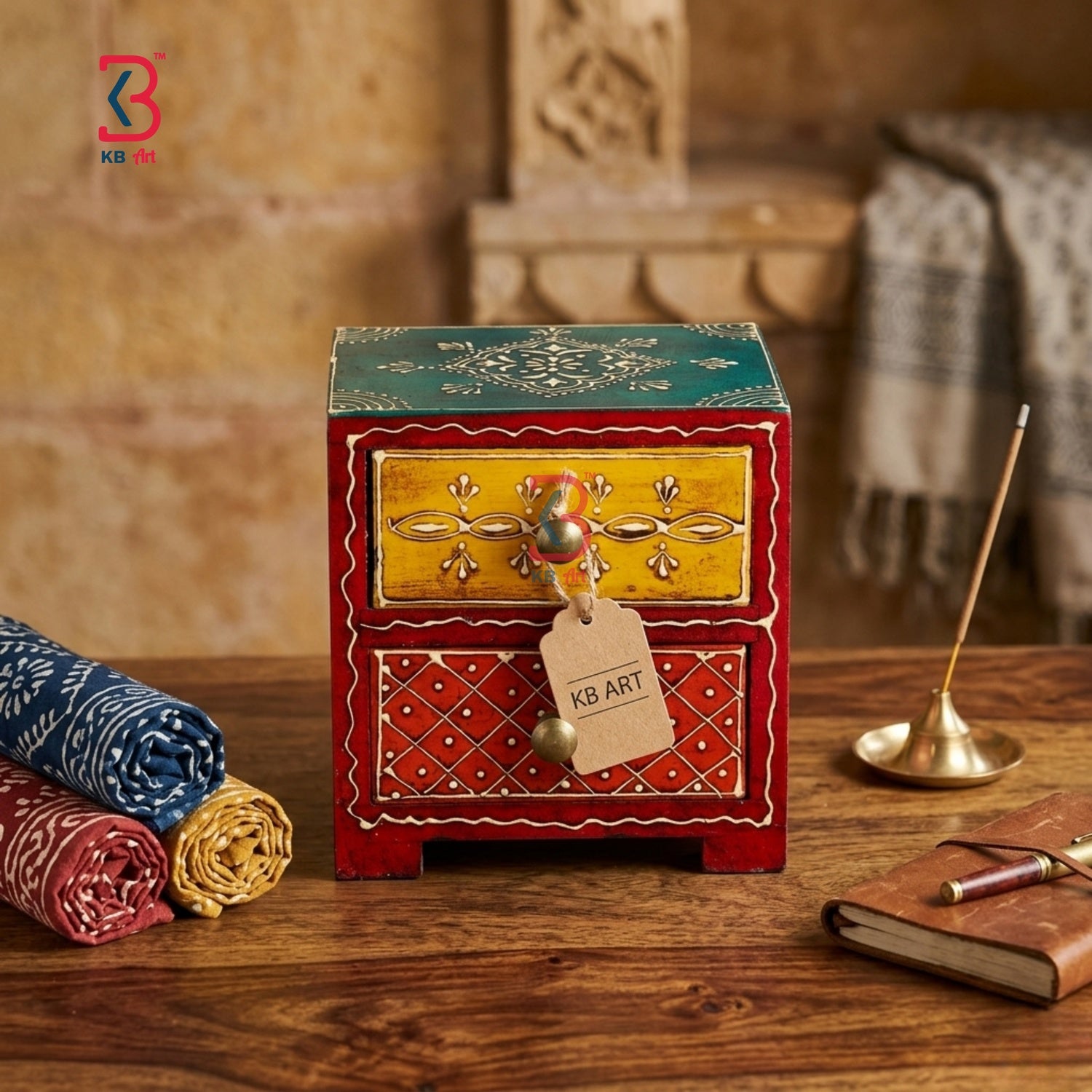 KB ART Wooden Small 2 Drawer Mdf Box - Close-Up of Hand-Carved Artisan Texture - Handcrafted Wooden Decor Jodhpur