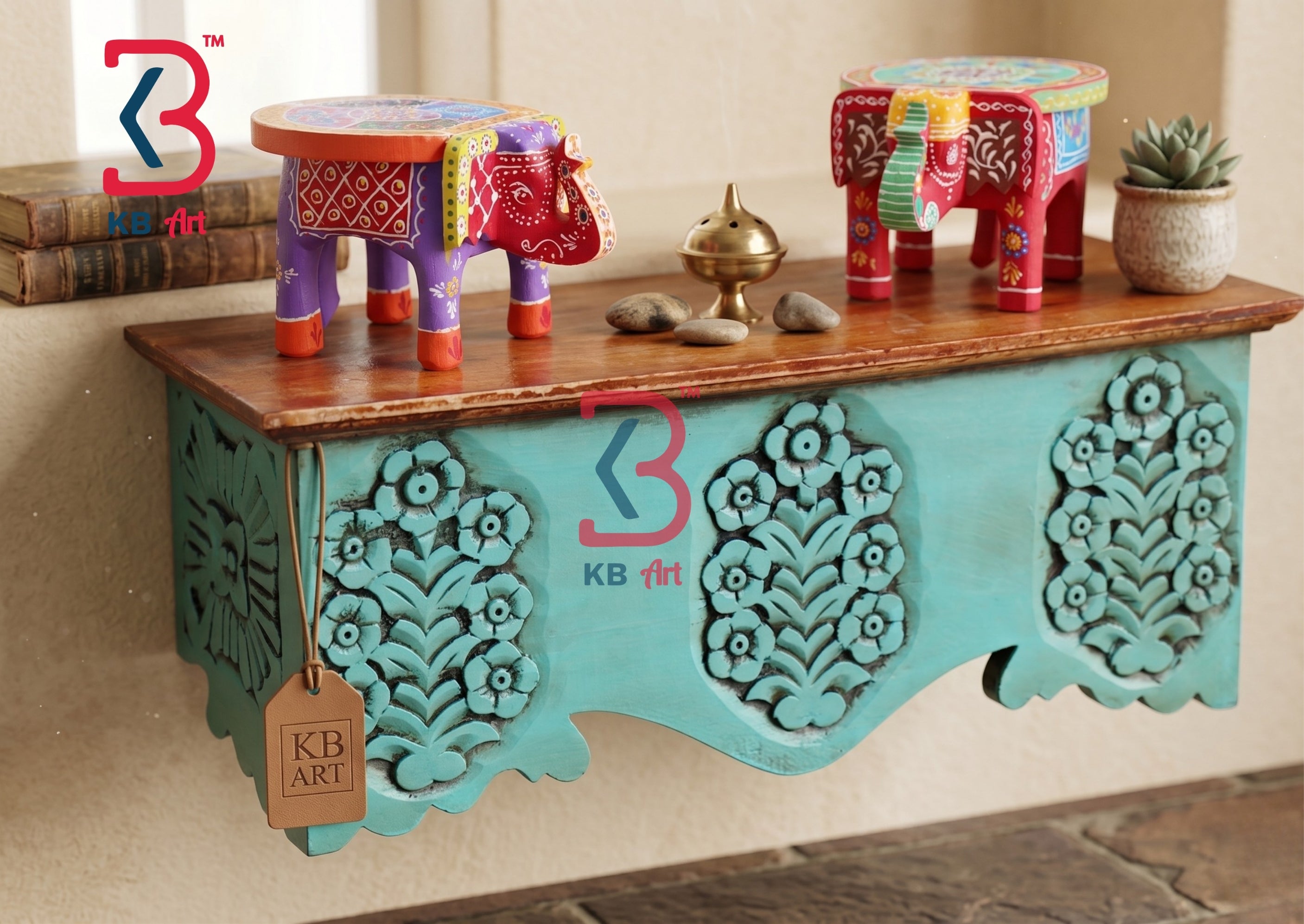 KB ART Wooden Teal Triple Floral Carved Wall Shelf - Front View of Handcrafted Detailing - Handcrafted Wooden Decor Jodhpur
