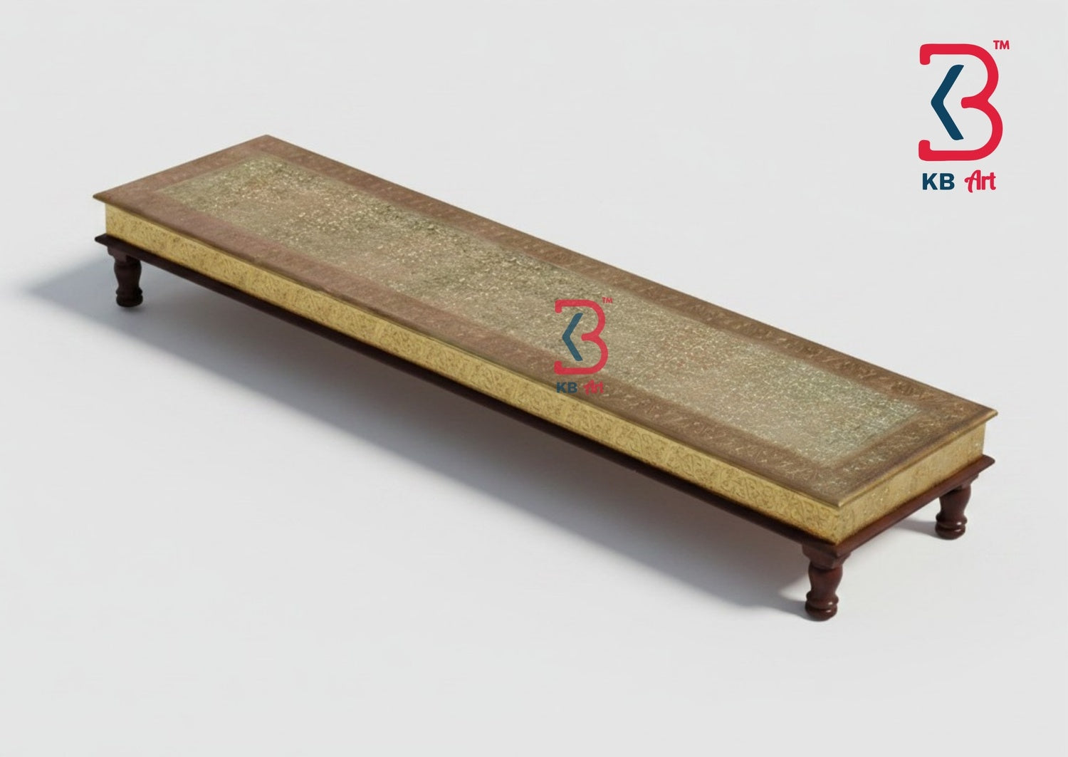 Long wooden table with intricate carvings on a white background