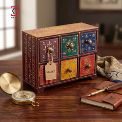 KB ART 6 Drawer Mdf Organizer - Front View of Handcrafted Detailing - Handcrafted Wooden Decor Jodhpur