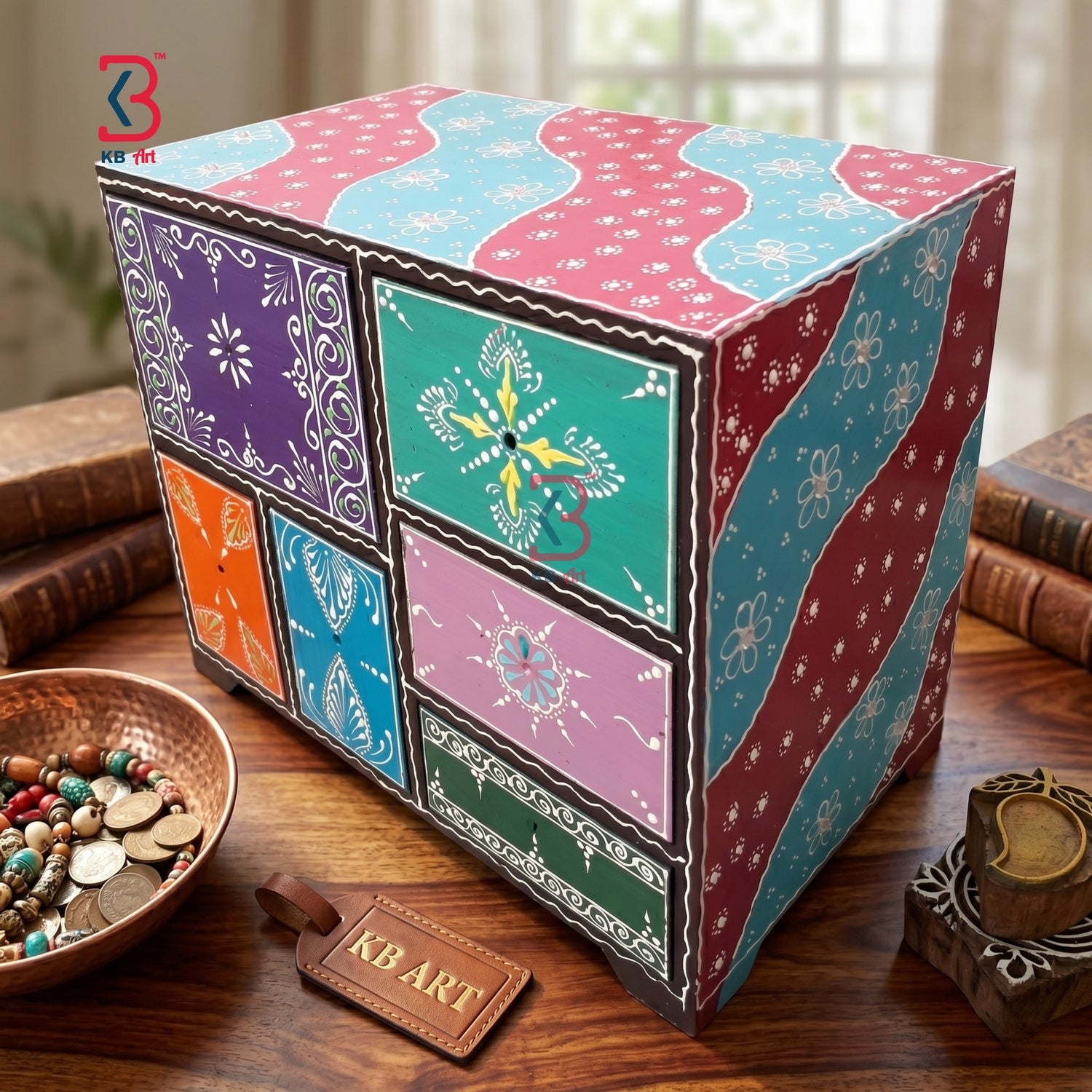 KB ART Artistic 6 Drawer Cabinet - Close-Up of Hand-Carved Artisan Texture - Handcrafted Wooden Decor Jodhpur