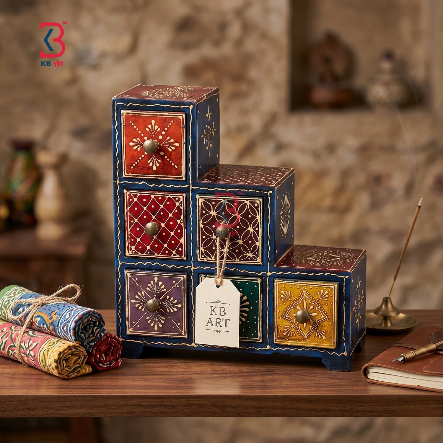 KB ART 6 Drawer Step Chest - Close-Up of Hand-Carved Artisan Texture - Handcrafted Wooden Decor Jodhpur