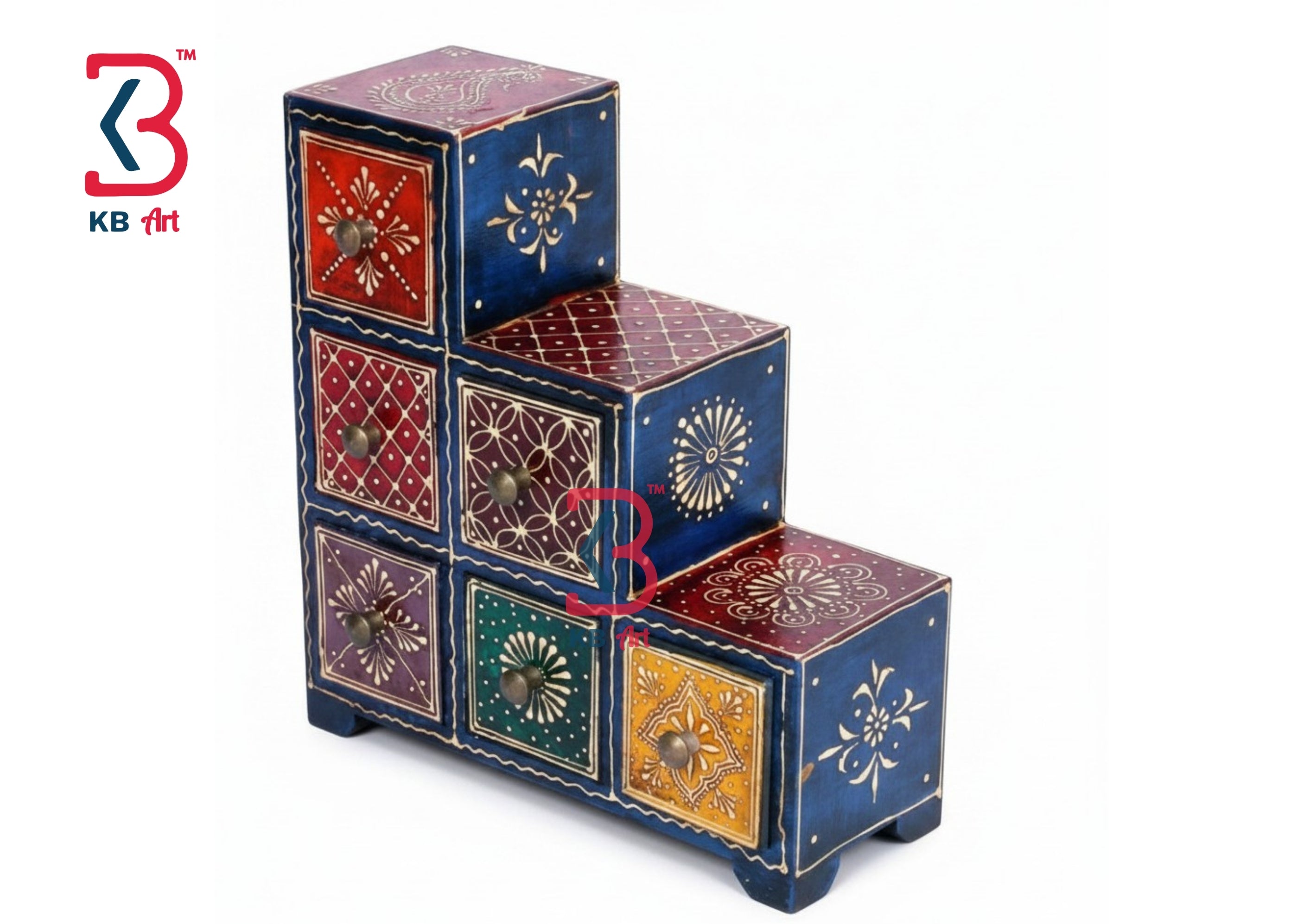 KB ART 6 Drawer Step Chest - Styled Display in Home Interior Setting - Handcrafted Wooden Decor Jodhpur