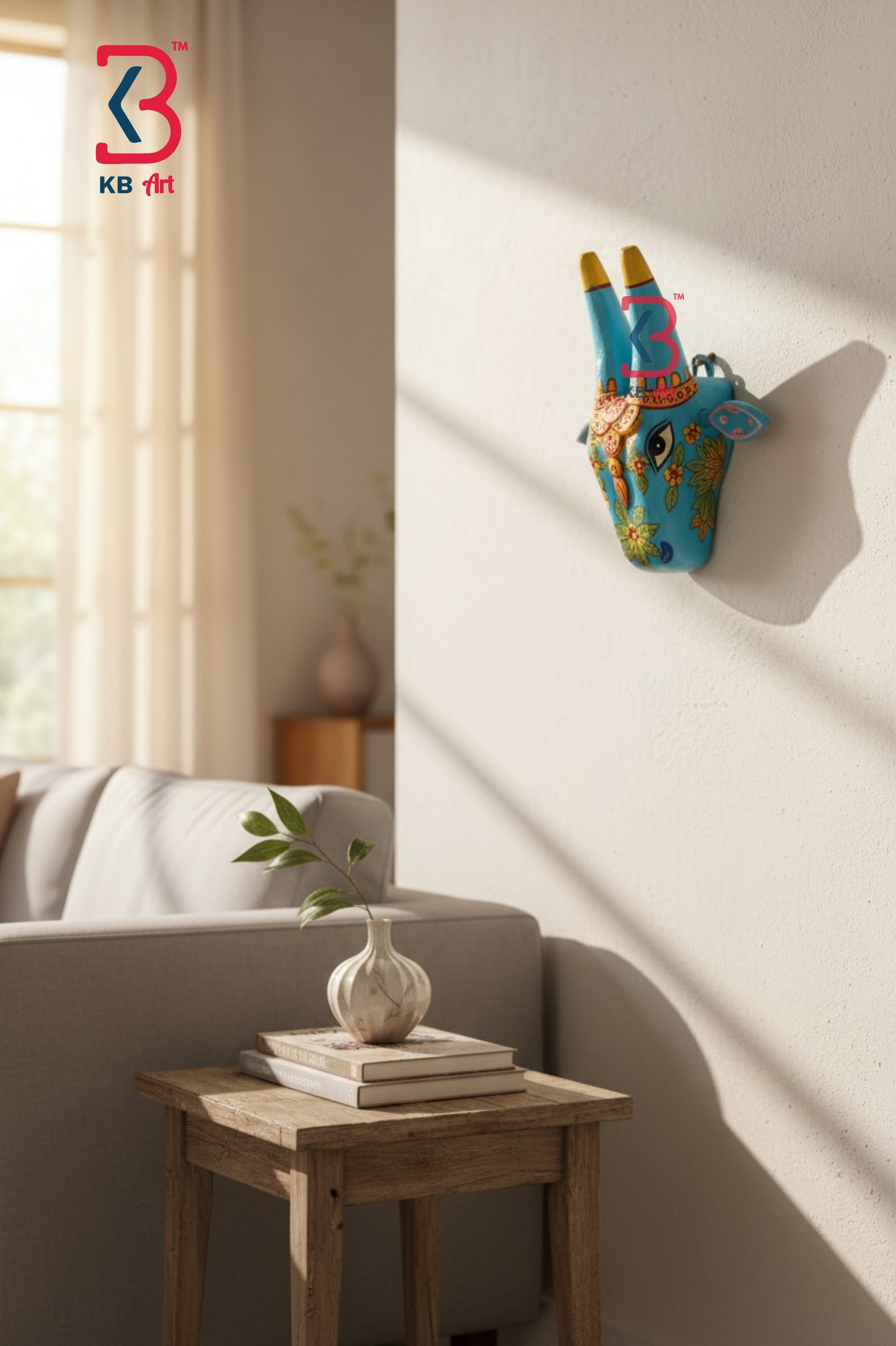 KB ART 6 Inch Hand Carved Wooden Cow Mask Floral - Styled Display in Home Interior Setting - Handcrafted Wooden Decor Jodhpur