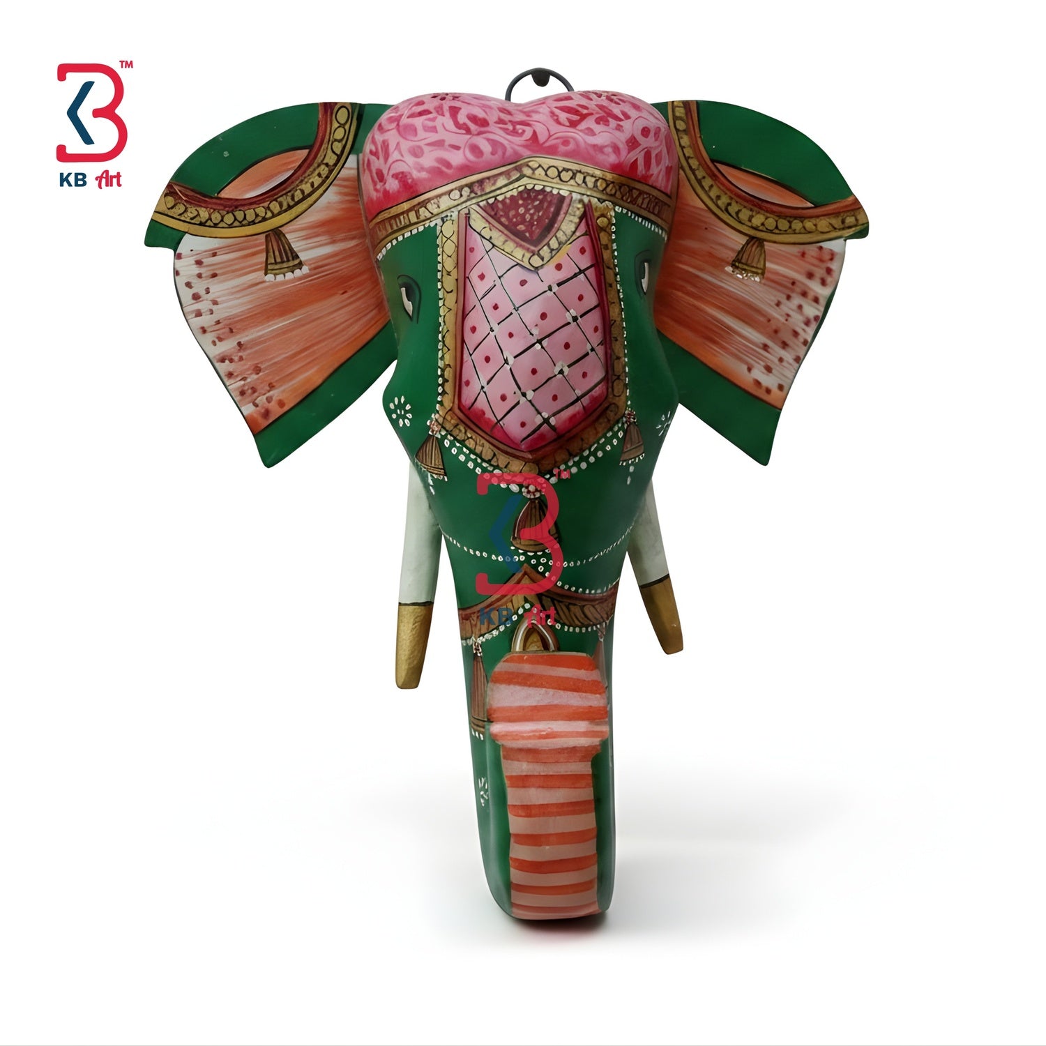 KB ART Wooden Elephant Head 7inches - Front View of Handcrafted Detailing - Handcrafted Wooden Decor Jodhpur