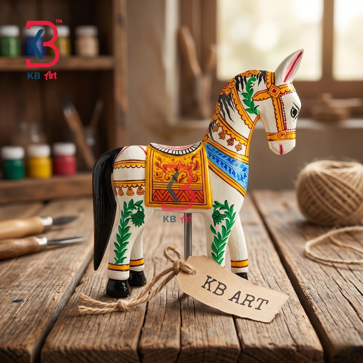 KB ART Wooden Horse Figurine - Front View of Handcrafted Detailing - Handcrafted Wooden Decor Jodhpur