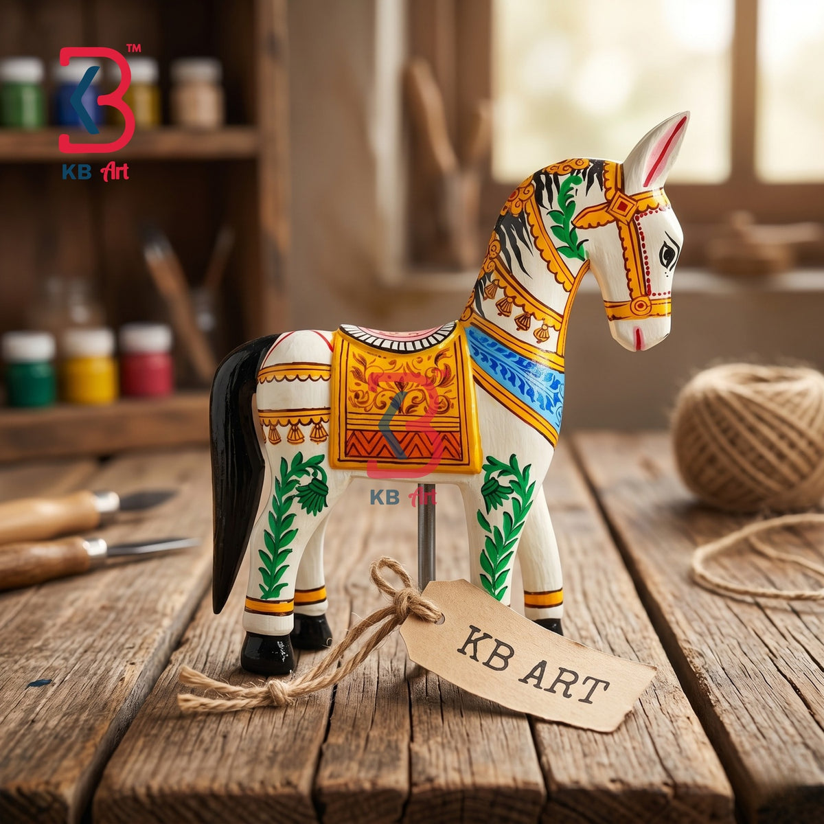 KB ART Wooden Horse Figurine - Front View of Handcrafted Detailing - Handcrafted Wooden Decor Jodhpur