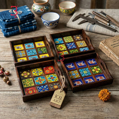 KB ART Multi-Tile Mosaic Wooden Serving Tray Extra Large Decorative Set – Handcrafted Jodhpur Entertaining Centerpiece Decor
