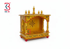 KB ART Wooden Golden Temple Pooja Mandir - Front View of Handcrafted Detailing - Handcrafted Wooden Decor Jodhpur