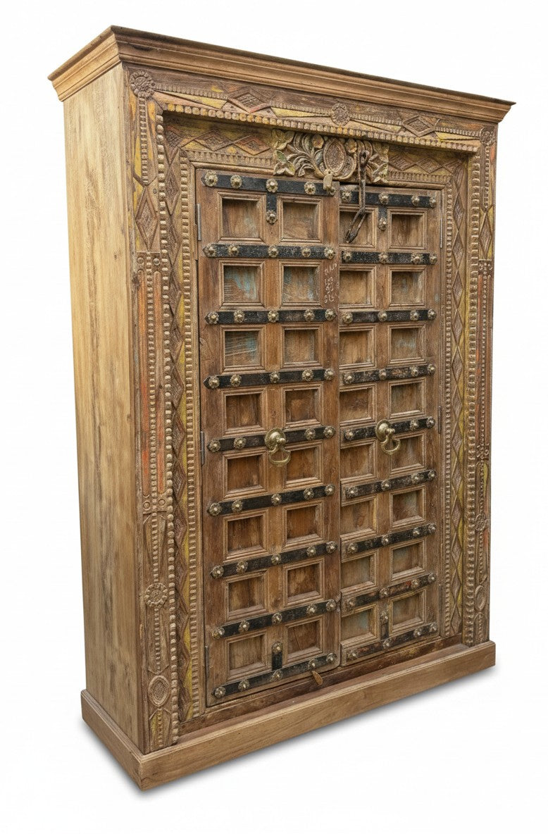 Old Haveli Reclaimed Wardrobe - close-up detail of hand-carved reclaimed wood finish and joinery, KBART SKU KBART-1066