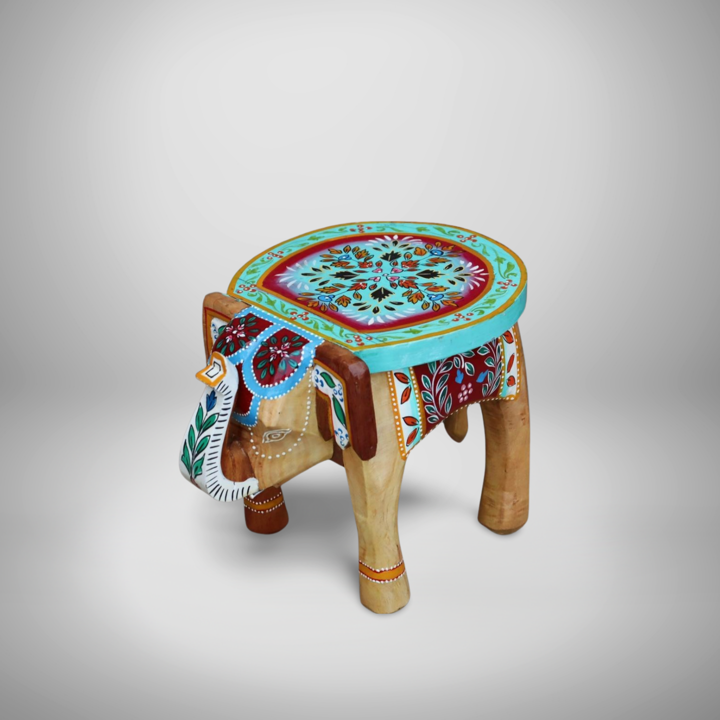 KB ART Handpainted Wooden Elephant Stool  – 8 Inch Natural & Multicolour Misri Art | Antique Look Handcarved Home & Table Décor