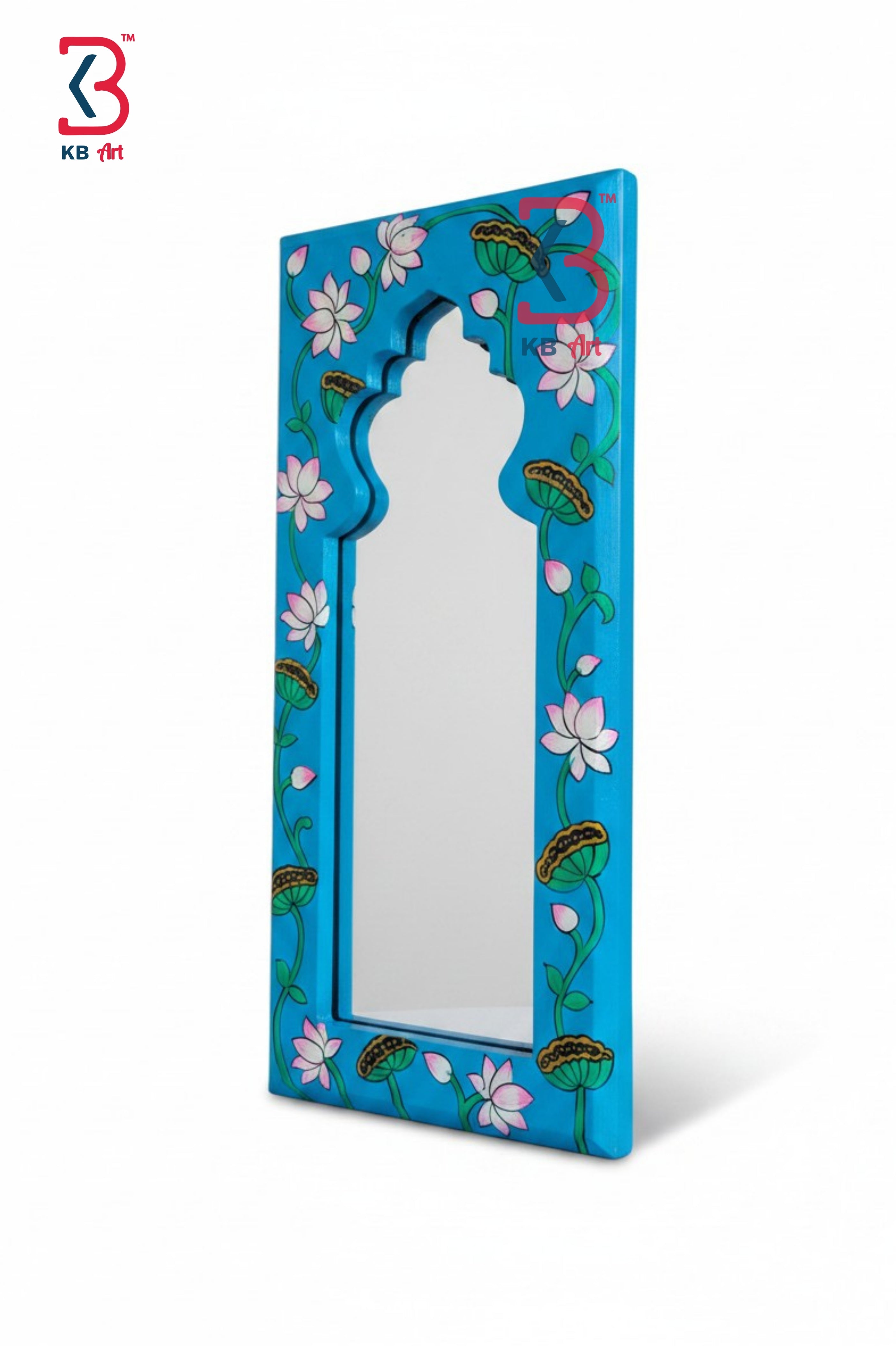 KB ART Blue Lotus Handpainted Wooden Jharokha Mirror - Front View of Handcrafted Detailing - Handcrafted Wooden Decor Jodhpur