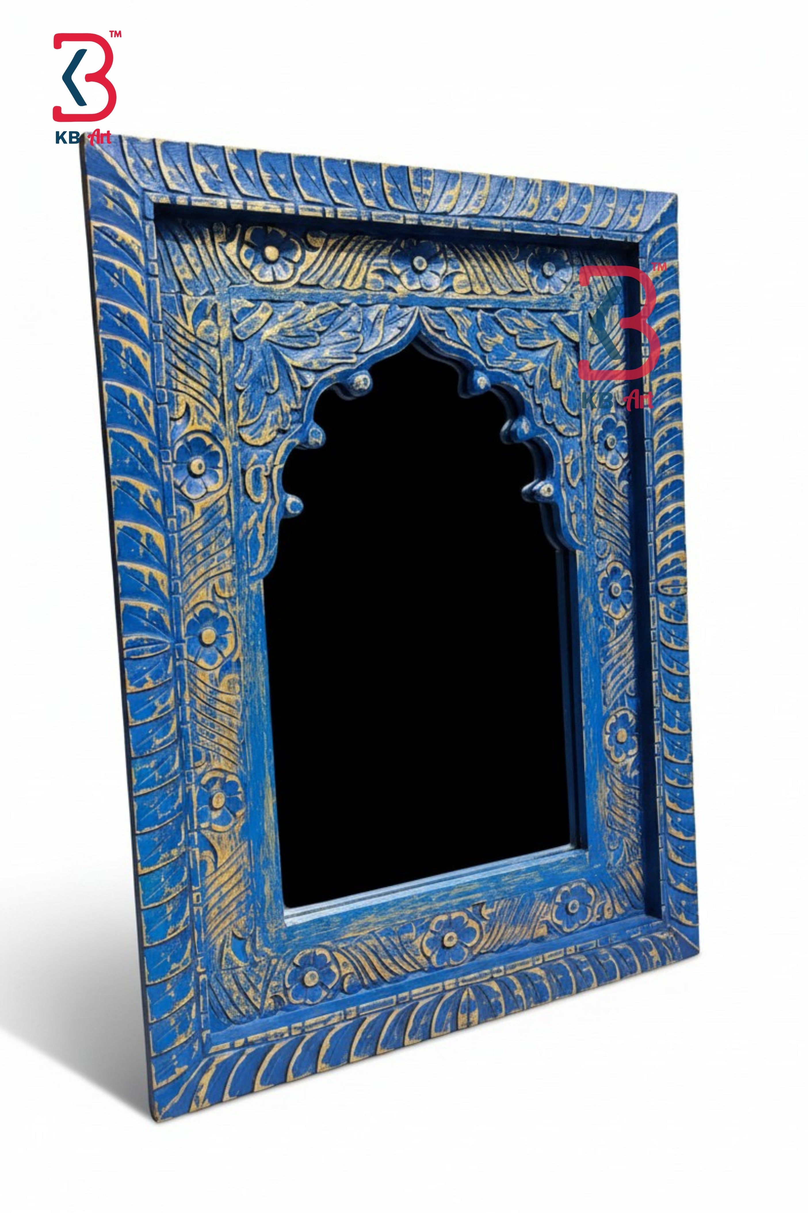 KB ART Jharokha Mirror Distressed Blue - Back View Highlighting Build Quality - Handcrafted Wooden Decor Jodhpur