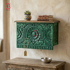 KB ART Wooden Big Carved Wall Shelf Dark Green - Close-Up of Hand-Carved Artisan Texture - Handcrafted Wooden Decor Jodhpur