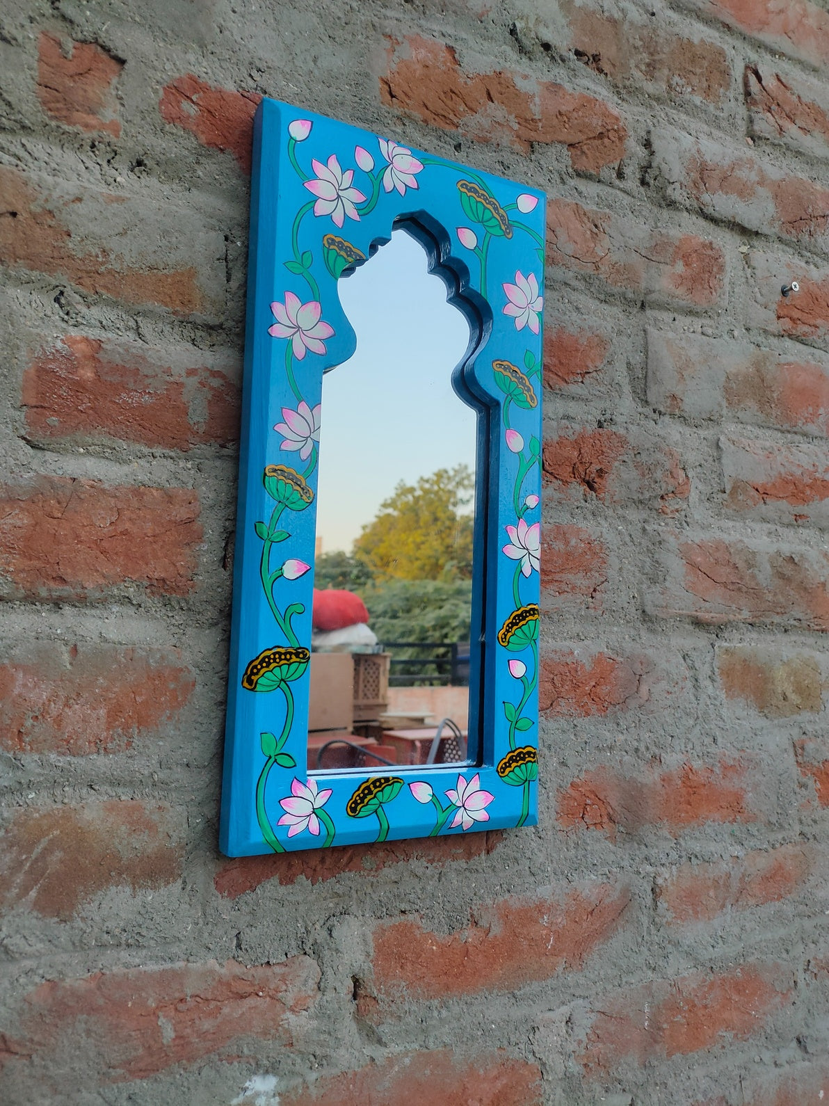 KB ART Blue Lotus Handpainted Wooden Jharokha Mirror - Side Angle Showing Finish and Craftsmanship - Handcrafted Wooden Decor Jodhpur