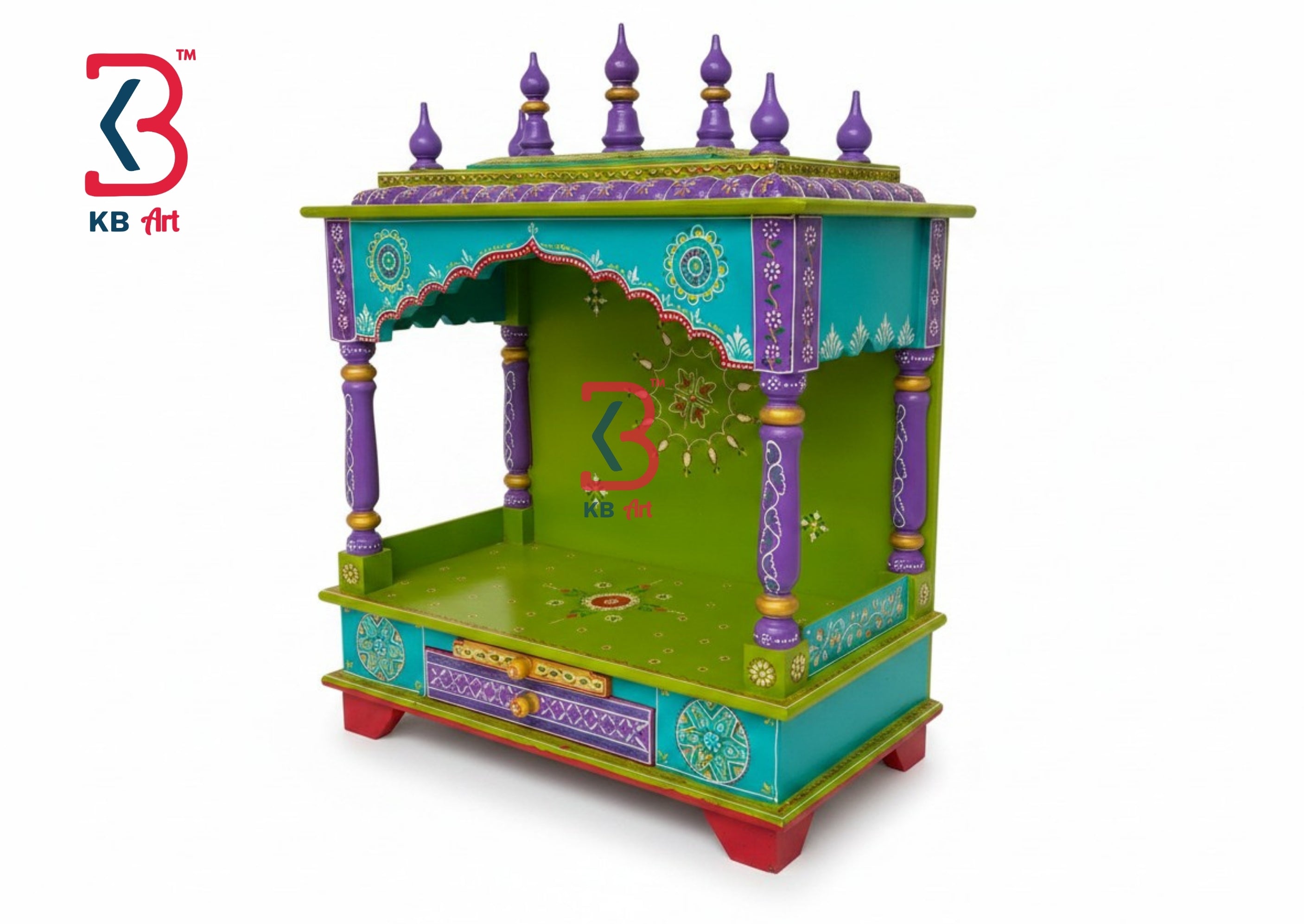 A colorful wooden decorative structure, likely a miniature altar or harem/mandapa-style display piece, shown on a plain white background. The product features a bright green base, turquoise arches and side panels, purple pillars and roof finials, and gold painted accents.