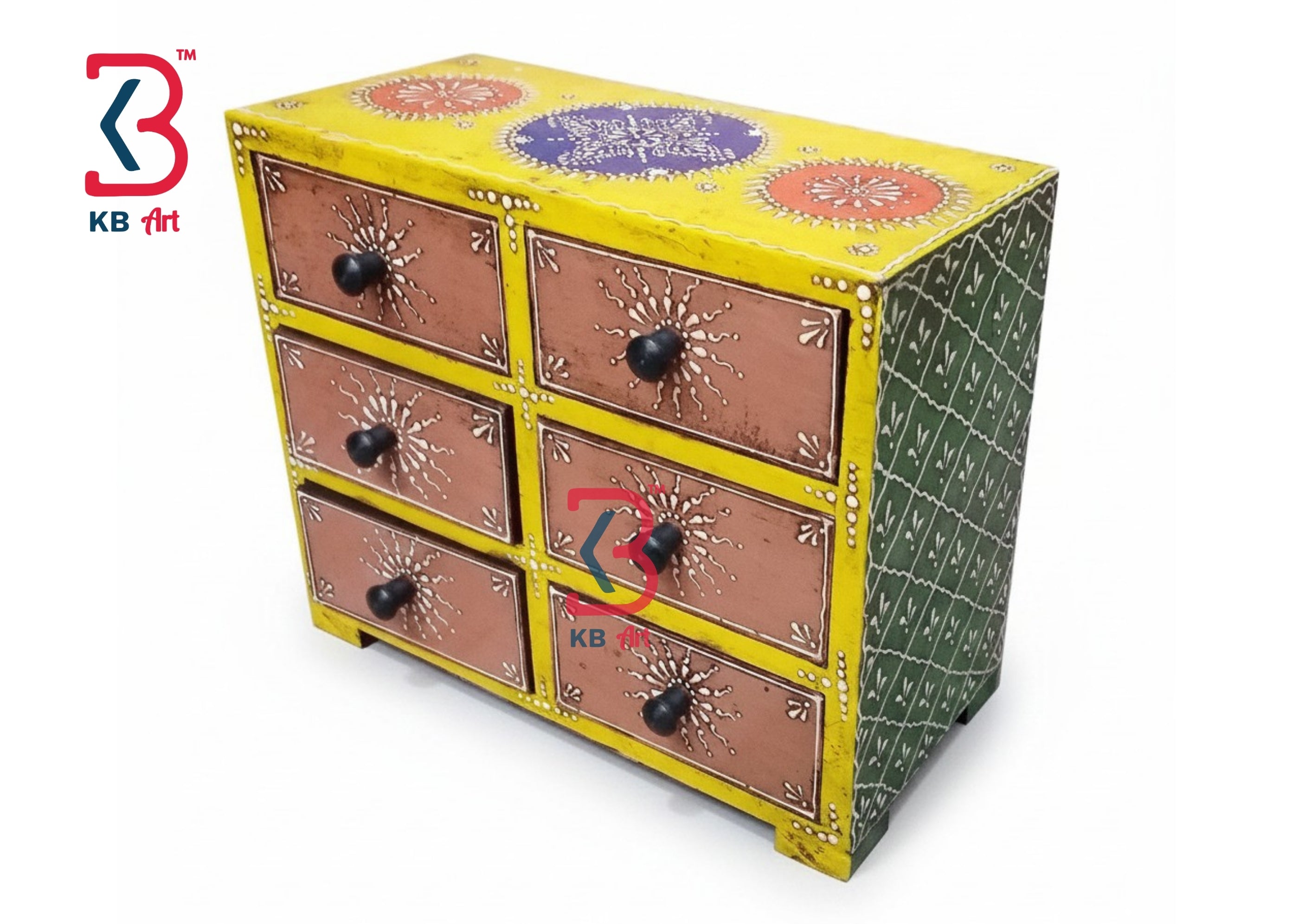 KB ART Vibrant 6 Drawer Wooden Box - Close-Up of Hand-Carved Artisan Texture - Handcrafted Wooden Decor Jodhpur