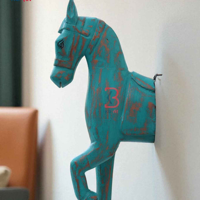 KB ART Turquoise Blue Horse Wall Decor - 16-Inch Distressed Wooden Wall Hanging with Golden Touch | Handcrafted Vintage-Style Rustic Indian Home Decor