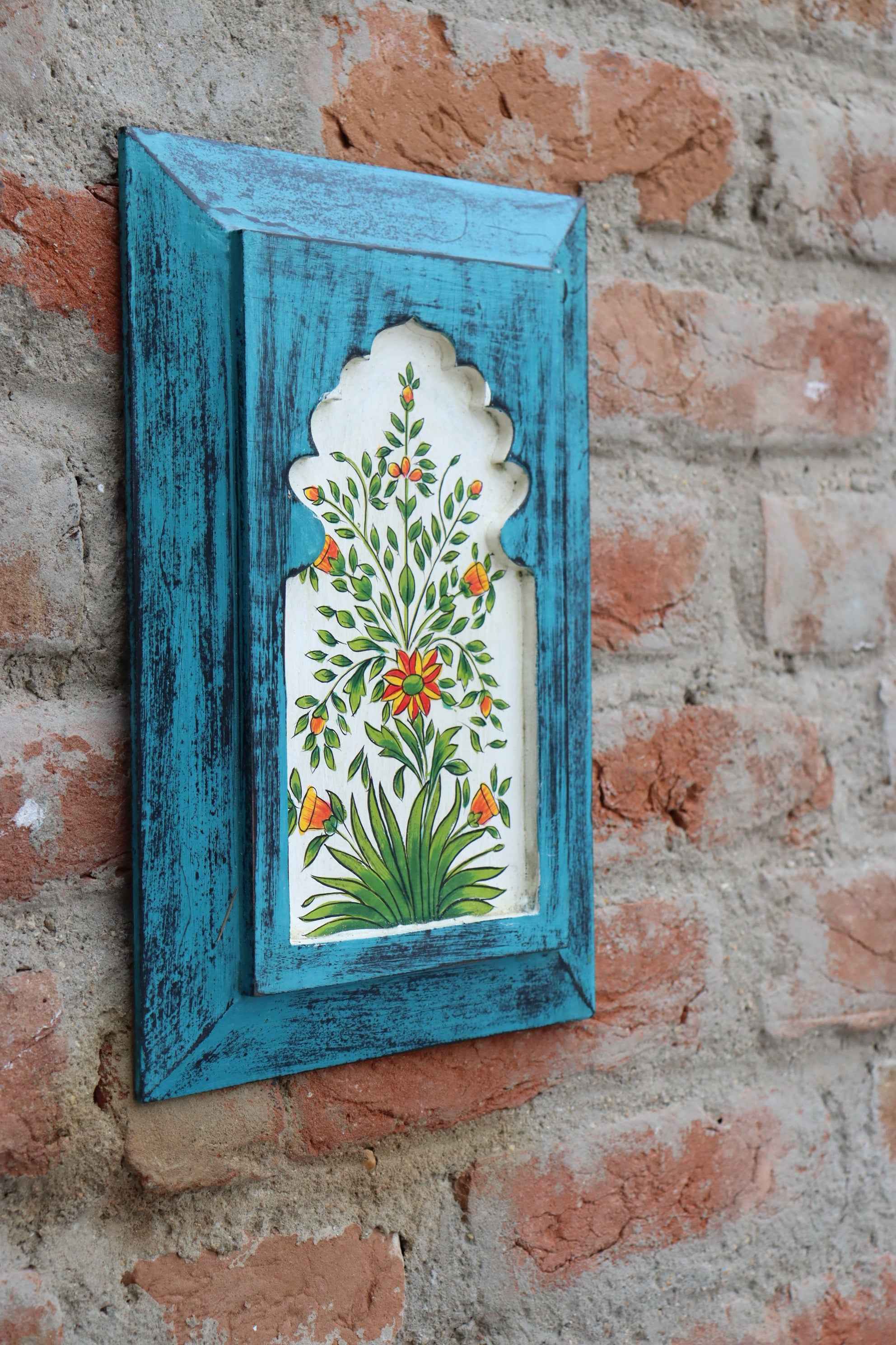 KB ART Handpainted Wooden Jharokha Wall Panel –  Turquoise Floral Mughal Arch Decor | Antique Look Wall Hanging