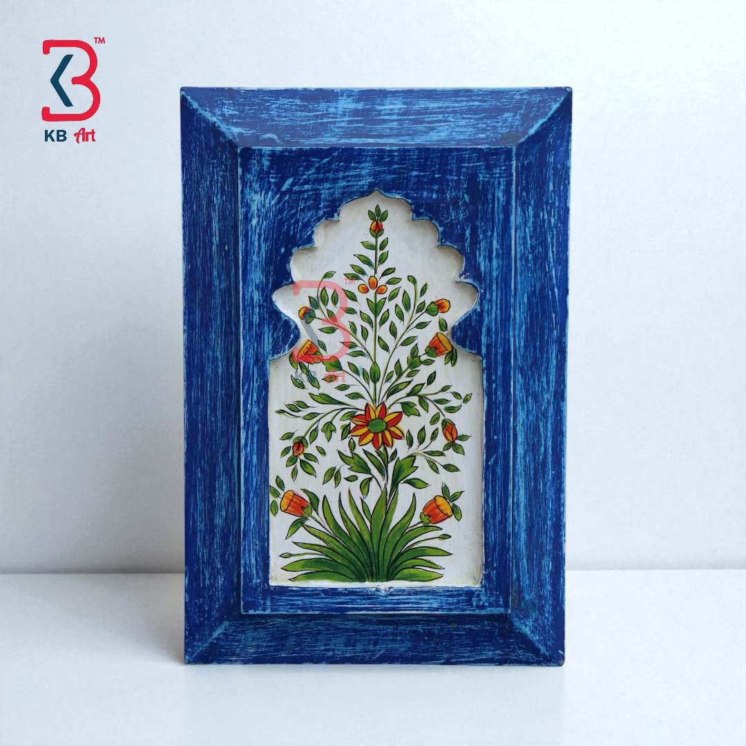 KB ART Handpainted Wooden Jharokha Wall Panel –  Dark Blue Floral Mughal Arch Decor | Antique Look Wall Hanging