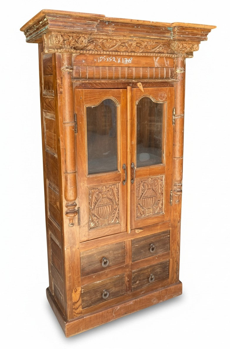 Hand-Carved Teakwood Indian Armoire - close-up detail of hand-carved teak wood finish and joinery, KBART SKU KBART-1048
