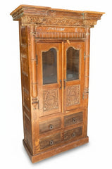 Hand-Carved Teakwood Indian Armoire - close-up detail of hand-carved teak wood finish and joinery, KBART SKU KBART-1048