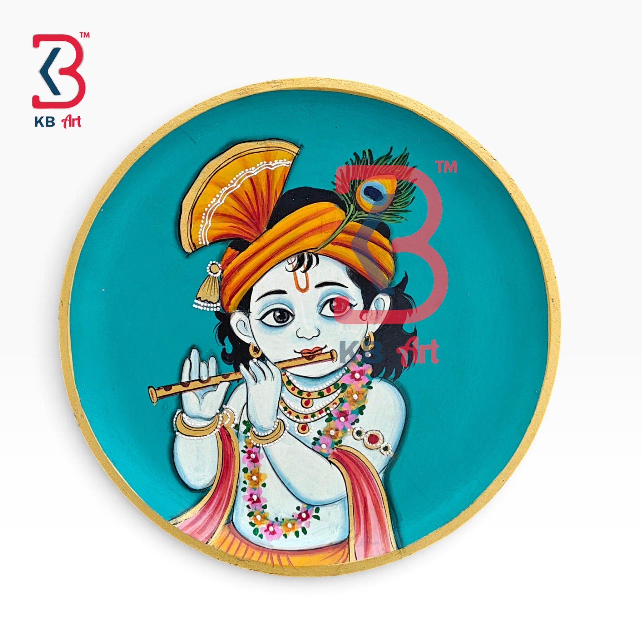 Round wooden wall plate with hand-painted Bal Krishna playing flute, peacock feather turban, floral garlands, on turquoise Pichwai background