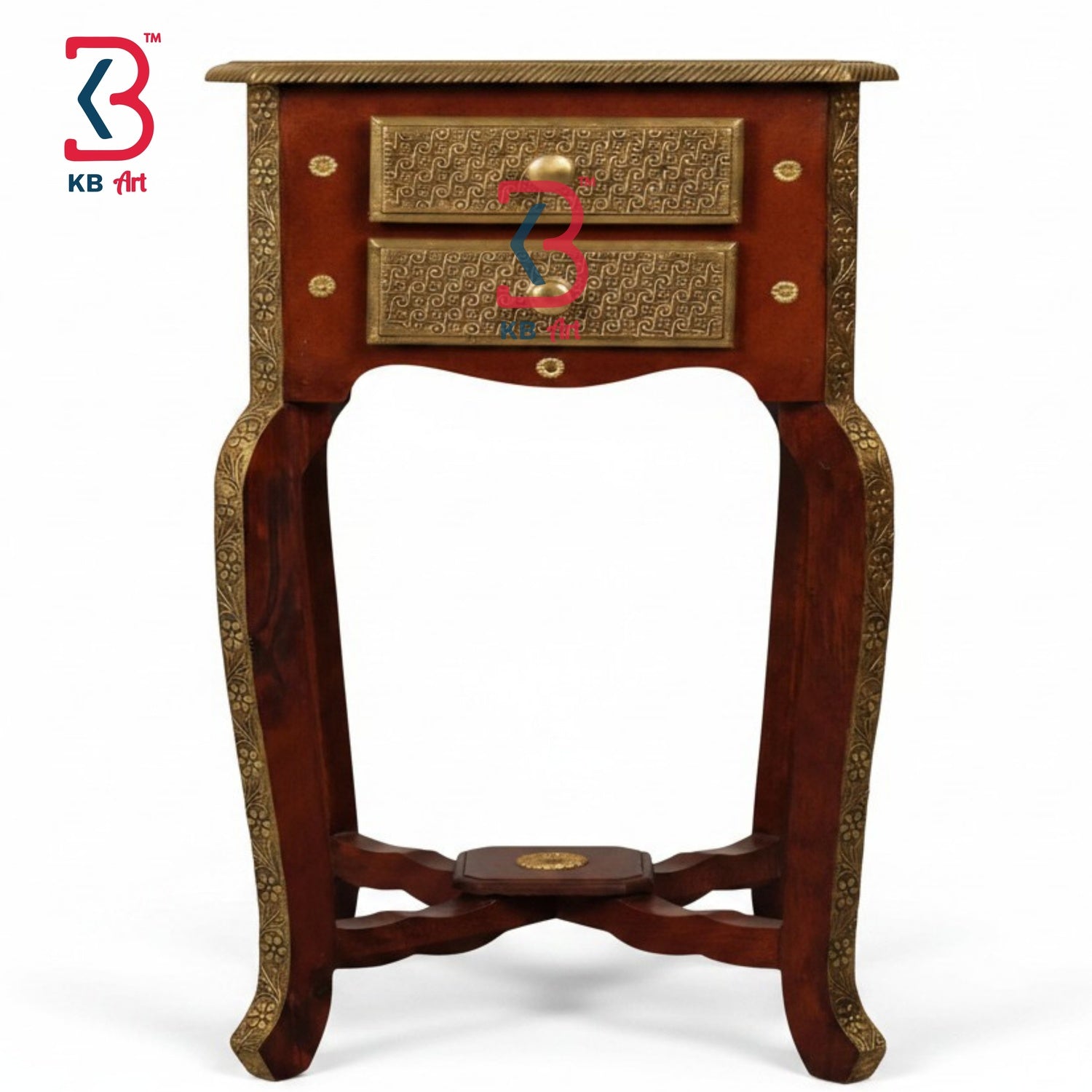 Decorative wooden side table with intricate designs on a white background, featuring the KB Art logo.