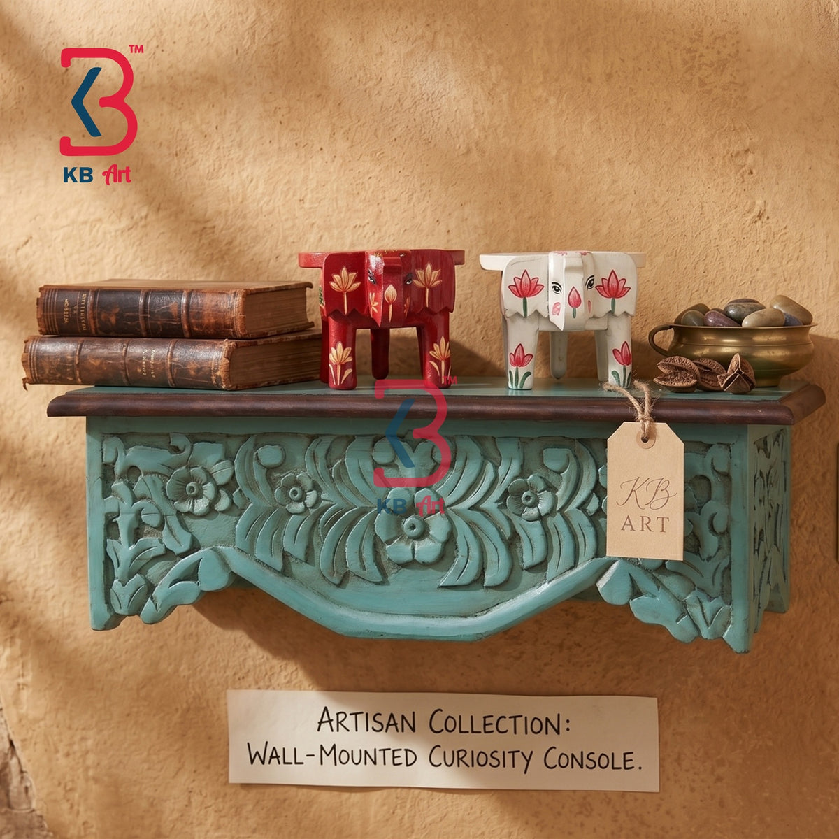 KB ART Wooden Artisan Carved Curiosity Wall Shelf Teal - Front View of Handcrafted Detailing - Handcrafted Wooden Decor Jodhpur