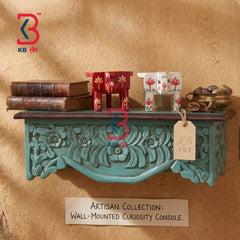 KB ART Wooden Artisan Carved Curiosity Wall Shelf Teal - Front View of Handcrafted Detailing - Handcrafted Wooden Decor Jodhpur