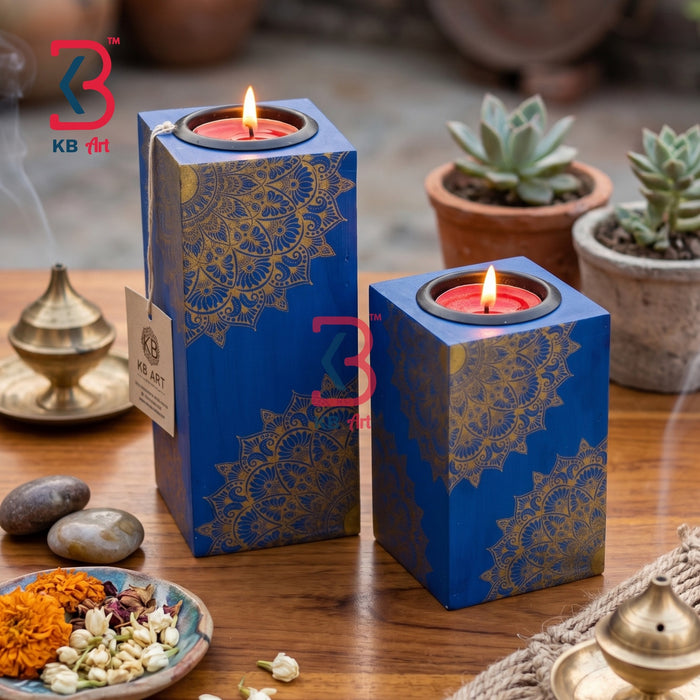 KB ART Wooden Blue Mandala Tlight Candle Holders - Front View of Handcrafted Detailing - Handcrafted Wooden Decor Jodhpur