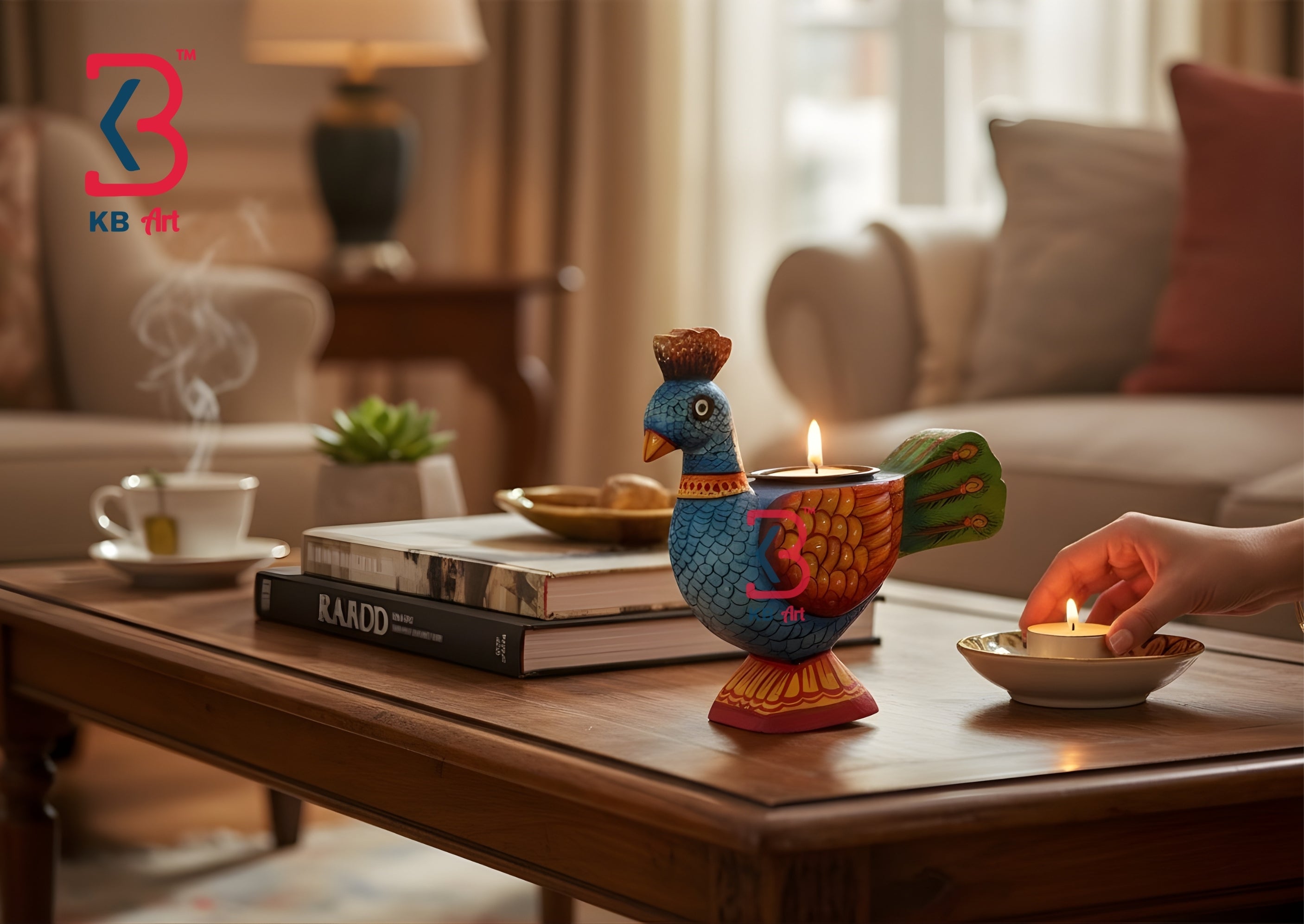 KB ART Blue Peacock Handpainted Wooden Candle Stand - Side Angle Showing Finish and Craftsmanship - Handcrafted Wooden Decor Jodhpur