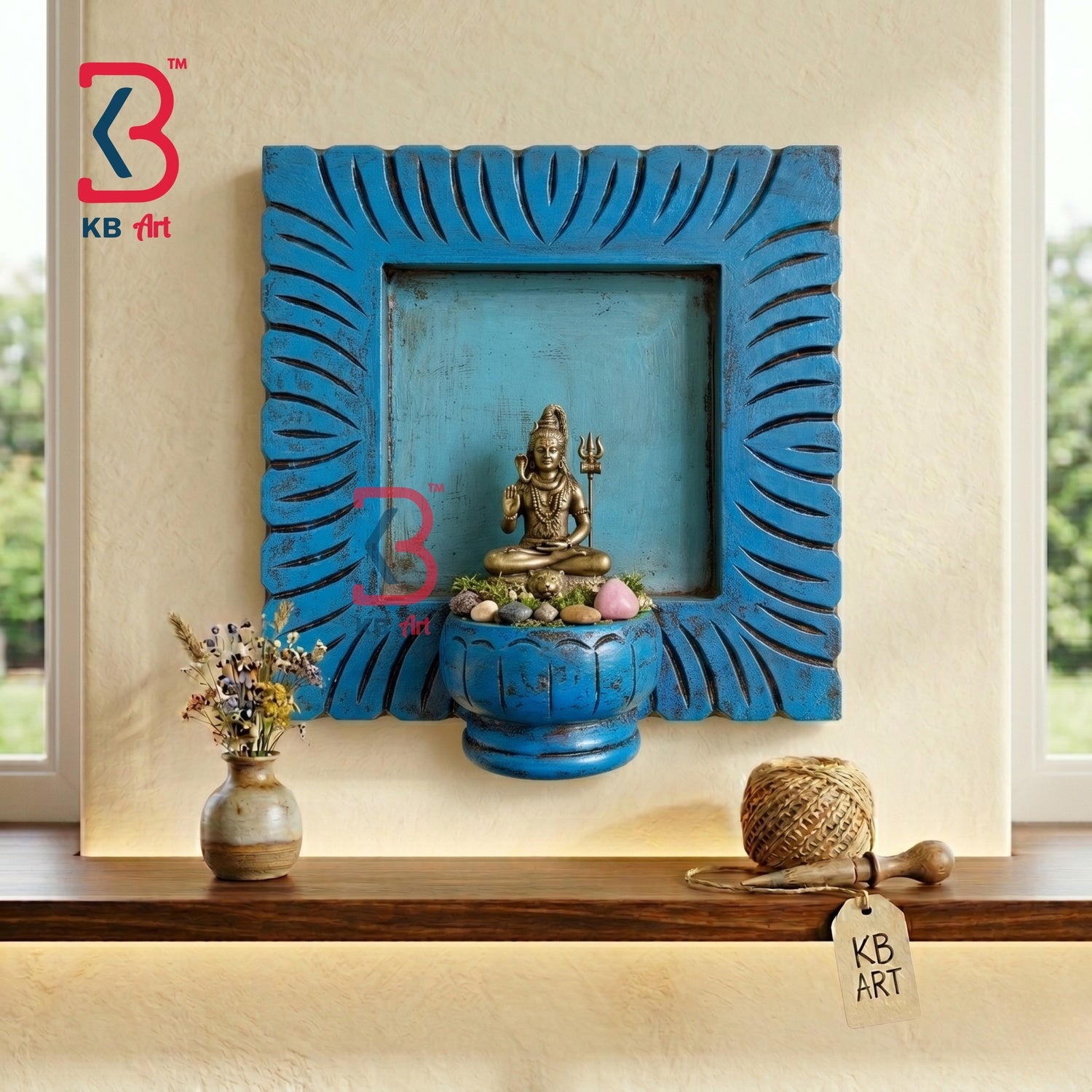 KB ART Wooden Blue Carved Temple Shelf Shiva - Front View of Handcrafted Detailing - Handcrafted Wooden Decor Jodhpur