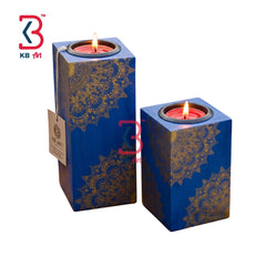 KB ART Wooden Blue Mandala Tlight Candle Holders - Close-Up of Hand-Carved Artisan Texture - Handcrafted Wooden Decor Jodhpur