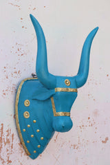 KB ART Turquoise Bull Head Wooden Brass Wall Decor - Side Angle Showing Finish and Craftsmanship - Handcrafted Wooden Decor Jodhpur
